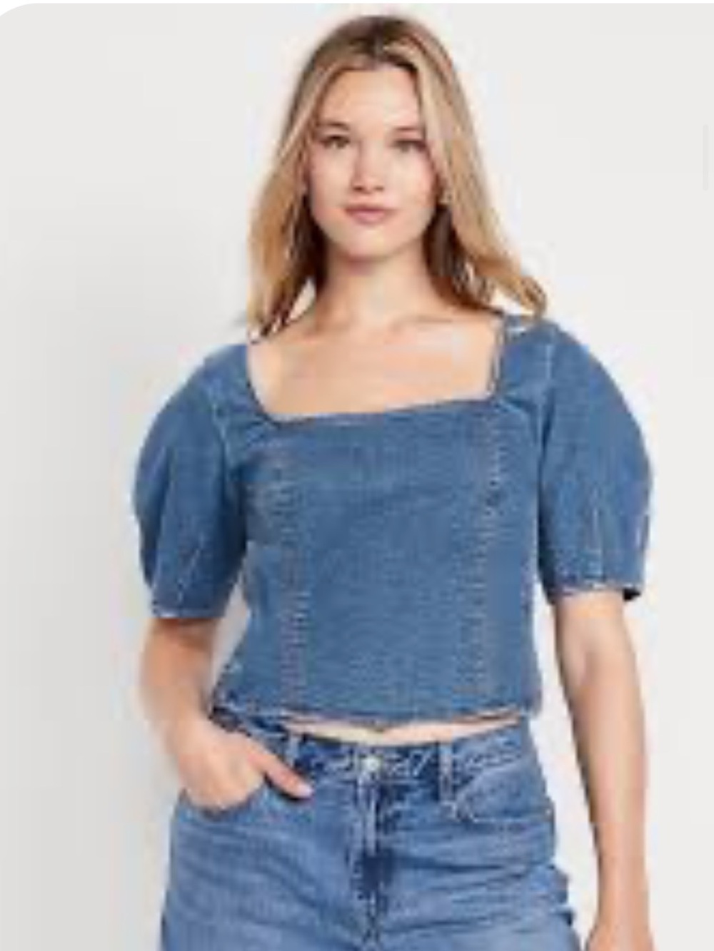 Old Navy Light Blue Short Sleeve Denim Crop Top with Square Neck Sz Medium